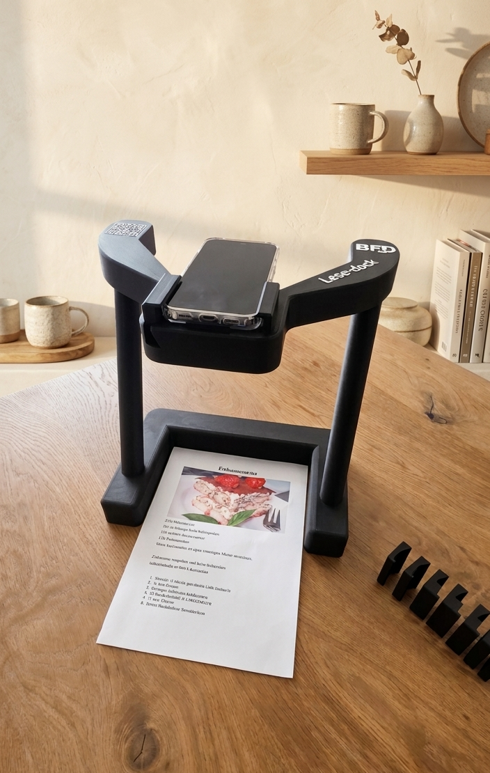 Lese-dock: Die ideale Halterung für KI-Lese-Apps Das schwarze Lese-dock Stativ hält ein Smartphone stabil über einem Brief auf einem Holztisch.
